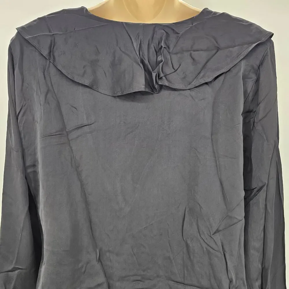 J. Crew Womans size S Goldie Ruffle Collar Satin Top Shirt Black CD054 NEW